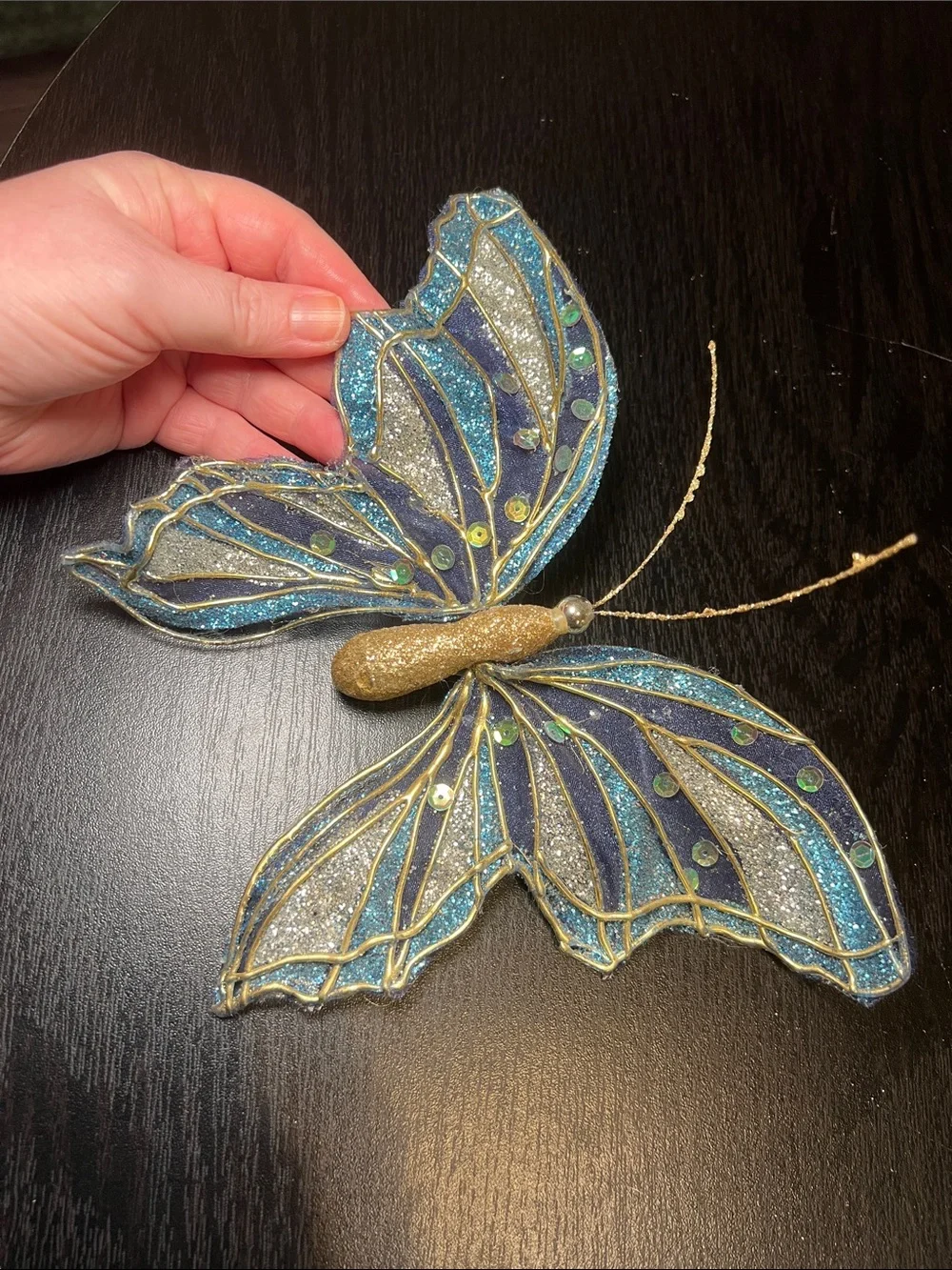 2 Vintage Sparkly Whimsical Glitter Butterfly Clip Ornaments - Blue & Multicolor